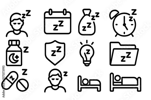Sleep and relaxation vector illustration set in line art style for design projects
