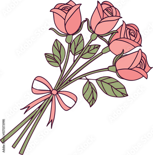A charming illustration of a bouquet of four delicate pink roses tied with a soft pink ribbon against a stark black background perfect for romantic or celebratory designs