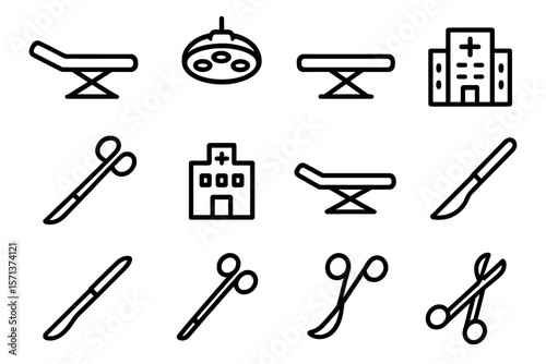 Medical icons vector illustration: hospital, surgery tools, and healthcare symbols for design