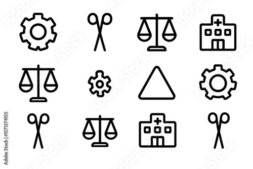 Minimalist vector illustration of medical and legal icons with geometric shapes for design use