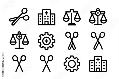 Medical and legal icons vector illustration for design and print in line style