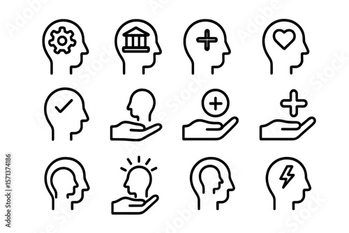 Minimalist human head icons with various symbols for conceptual and creative designs vector illustration