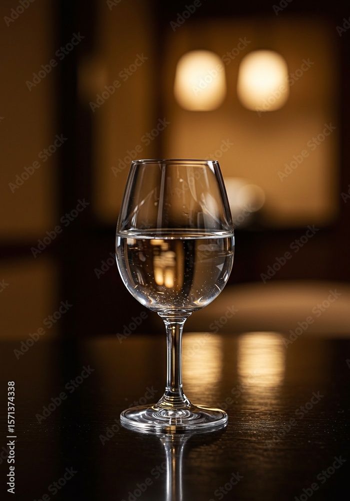 Obraz premium ワイングラスに注がれた水、静かな和空間での一杯