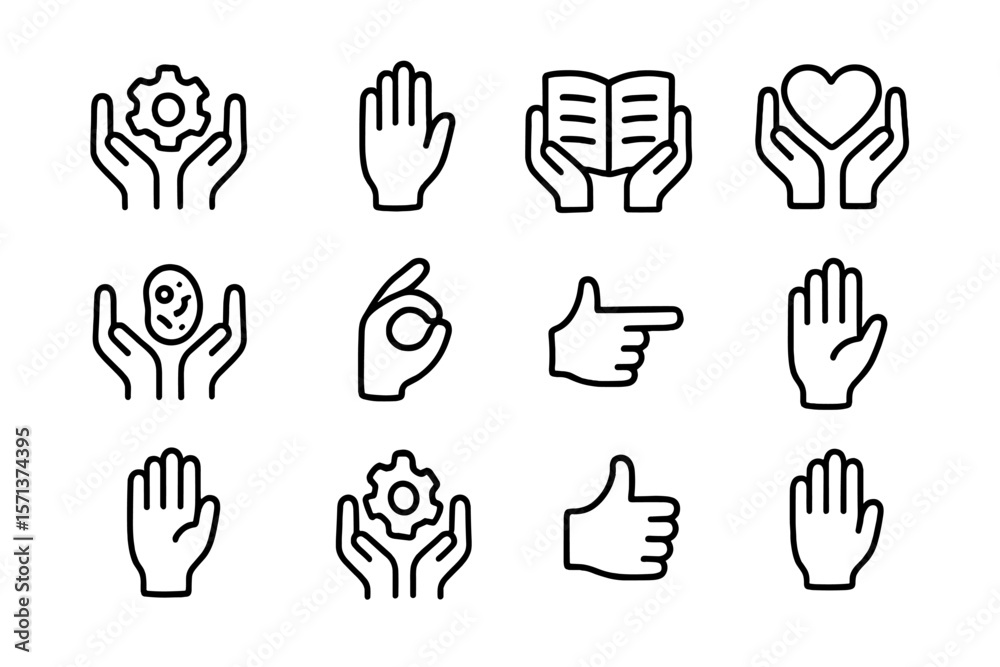 Fototapeta premium Minimalist black hand gestures and icons vector illustration for digital interfaces