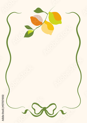 Vintage frame with lemons, hand drawn frames with whimsical lines, bows, ribbons in coquette style. 