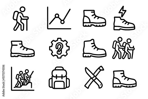 Hiking and outdoor activity vector illustration icons - adventure gear and exploration symbols in line art style