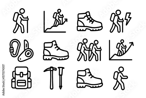 Hiking icon set vector illustration: outdoor adventure symbols for design
