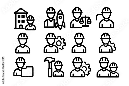 Construction and engineering professions vector illustration - line style design for posters and prints