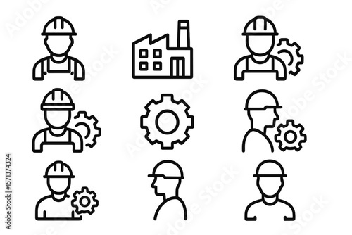 Industrial worker and gear icon set vector illustration for design projects in line style