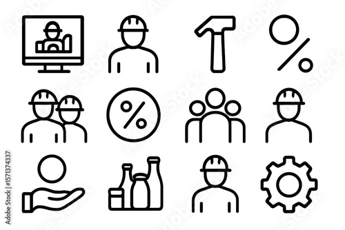 Construction and teamwork theme vector illustration in line style for design projects