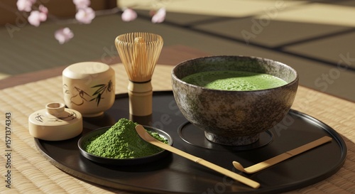 伝統的な茶道セットと抹茶、日本文化を感じる和の空間