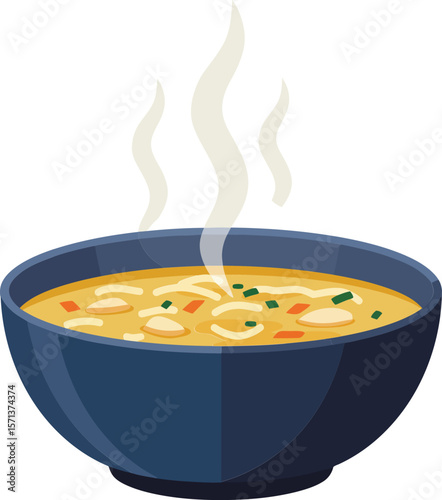 Steaming bowl of hot vegetable soup in dark blue ceramic bowl with steam rising natural food illustration