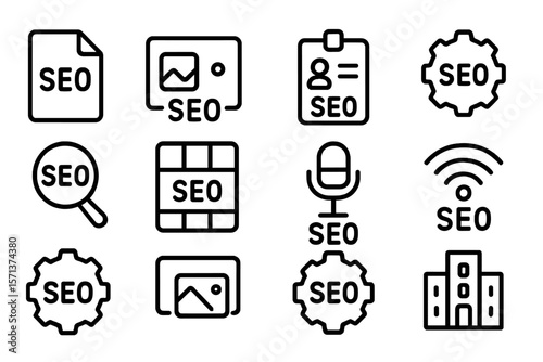 Seo icons vector illustration: digital marketing and optimization symbols for web design