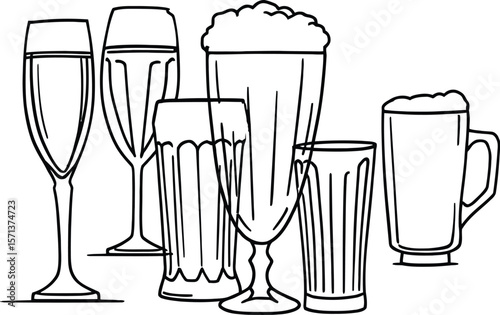 Drinking Glass Silhouettes in Monochrome: A Stylized Vector Grid Featuring Six Distinct Beverage Containers Including Champagne Flute, Wine Glass, Milkshake or Beer Glasses, Ridged Water Glass, 