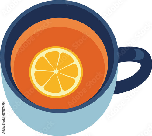Blue cup with hot tea and lemon slice top view minimalist beverage illustration