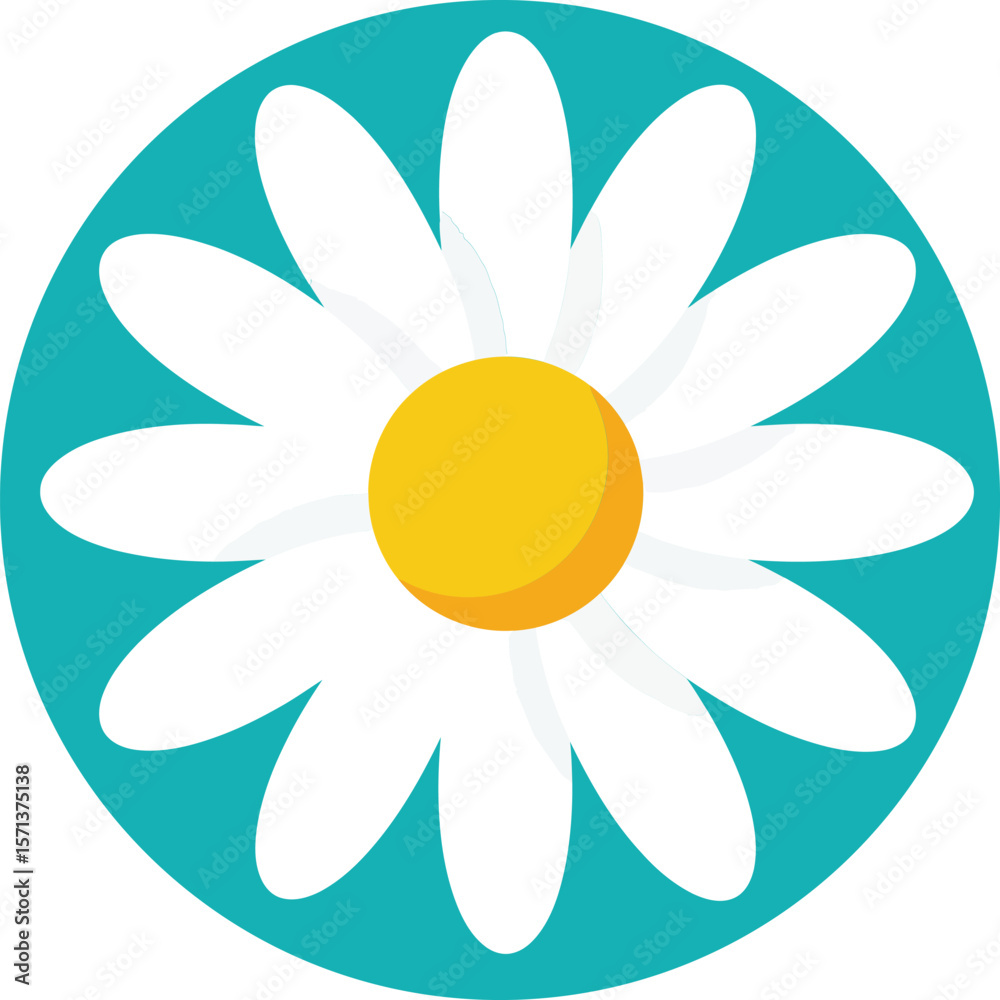 Fototapeta premium Daisy flower icon with white petals and yellow center on turquoise background simple nature symbol