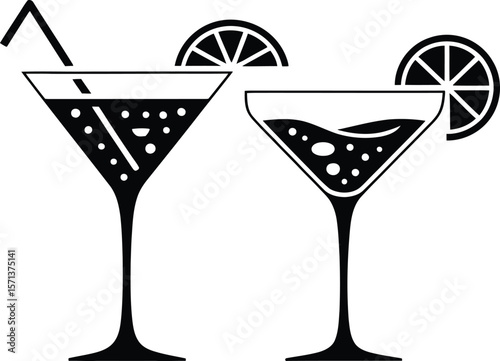 Cocktail Glass Silhouettes in Monochrome: A Stylized Vector Illustration Featuring Martini and Coupe Glasses with Citrus Garnish and Bubbles Unified in a Visual Language of Mixology, Refreshment, 
