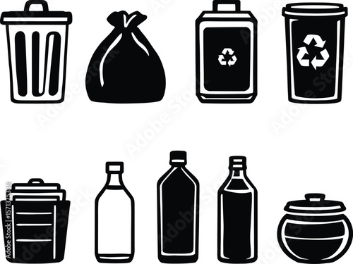 Eight Stylized Waste and Recycling Icons in Monochrome: A Vector Grid Featuring Symbols of Trash Disposal and Material Sorting Including Trash Can, Garbage Bag, Two Types of Recycling 