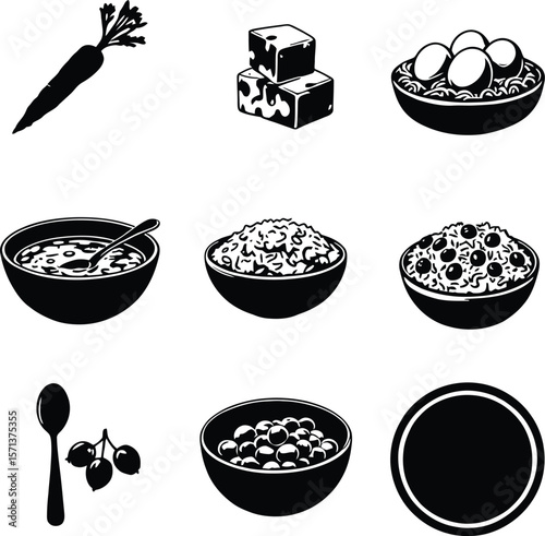 Nine Stylized Food Icons in Monochrome: A Vector Grid Featuring Minimalist Illustrations of Ingredients and Dishes Including Carrot, Cheese Cubes, Eggs in Bowl, Soup with Spoon, Rice, 
