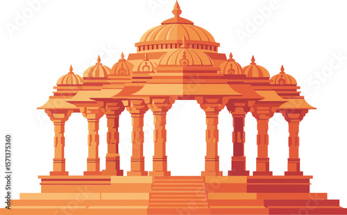 Ornate ancient Indian temple architecture with intricate pillars and grand dome structure in vibrant orange hues