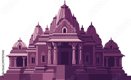 Ancient Hindu temple architecture with intricate carvings and traditional design in purple tones for cultural heritage preservation and tourism promotion
