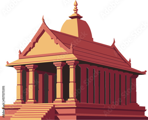 Ancient temple architectural structure with classical columns and stepped entrance in warm light