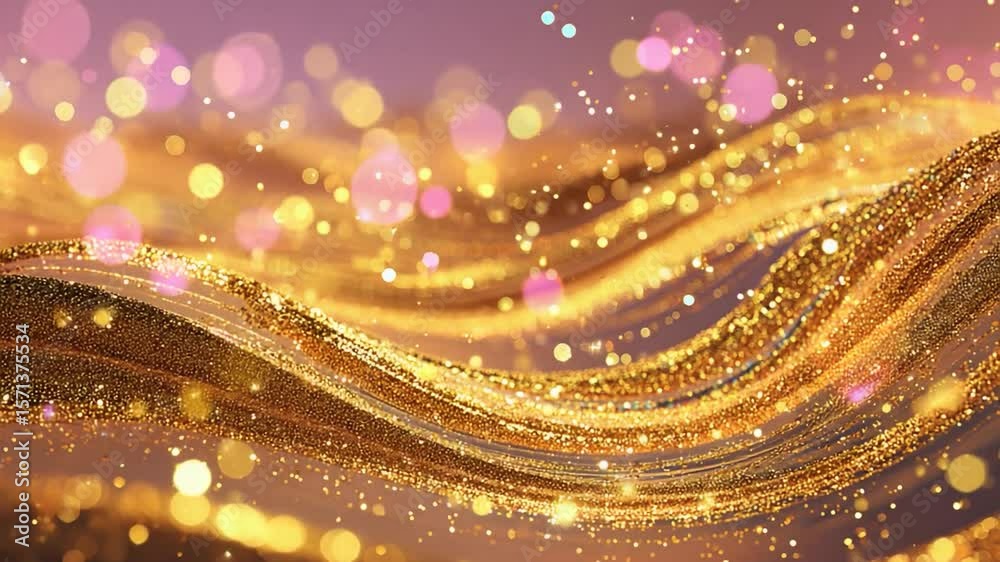 Golden waves with colorful bokeh create a mesmerizing effect in a vibrant display of light and texture