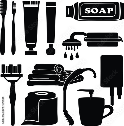 Bathroom Essentials in Monochrome: A Stylized Vector Illustration Featuring Core Hygiene and Grooming Items Including Toothbrushes, Toothpaste, Soap Bar, Showerheads, Razor, Towels, 