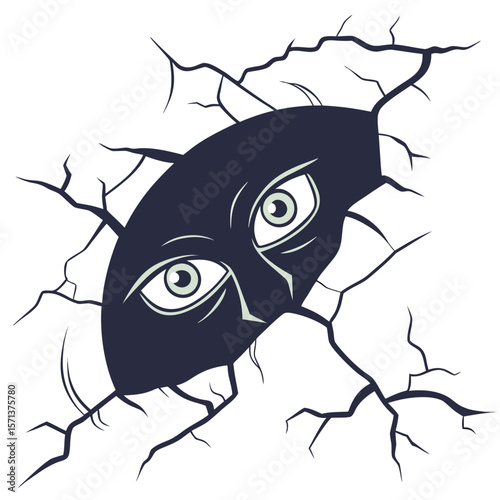 A pair of eyes peering through a cracked wall with visible damage and fractures surrounding the opening