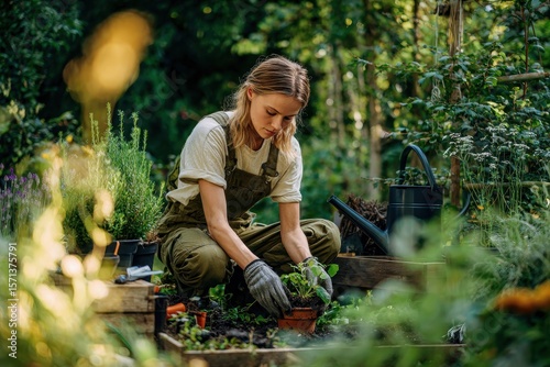 A young woman connecting with nature by planting a green plant in a pot using gloves and soil scoop tool, sitting in her backyard garden on a warm sunny day
