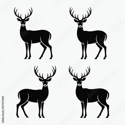 Four Unique Deer Silhouettes Standing Poses in Black Full Body Design