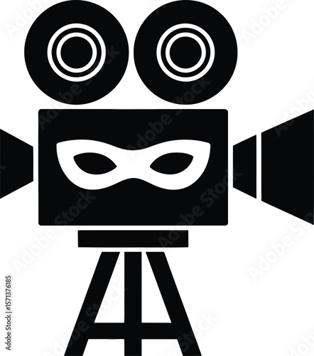 A Stylized Vector Illustration Featuring a Classic Movie Camera with Dual Reels, Mask Motif, and Tripod Unified in a Visual Language of Cinematic Arts, Media Production, and Retro Technology 