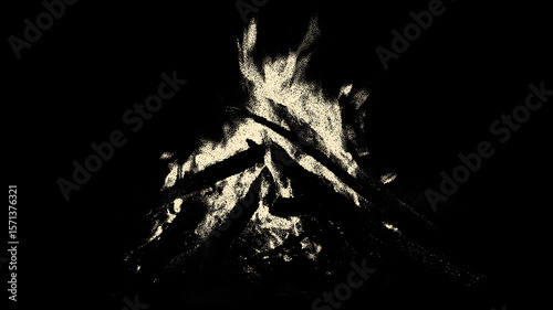 Burning campfire on black background in retro vintage dotwork style. Bonfire with logs in flame for hiking and camping