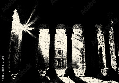 Ancient ruins in sci-fi scene with dotwork retro style. Mysterious gate debris with dramatic lights and retro texture