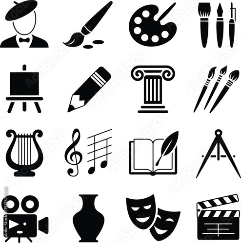 A Stylized Vector Grid Featuring Symbols of Creative Expression and Cultural Craftsmanship Including Painter’s Palette, Easel, Paintbrushes, Beret-Wearing Artist, Lyre, Musical Notes, Quill and Book, 