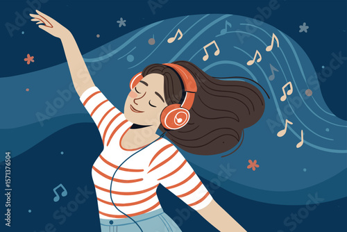 Isolated vector illustration of a young girl dancing alone, wearing headphones, closed eyes, upbeat mood.