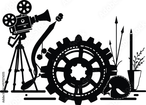 Vintage Tools and Symbols in Monochrome: A Stylized Vector Illustration Featuring a Film Camera on Tripod, Bow and Arrows, Gear, Gladiator Helmet, and Potted Plant Unified in a Visual Language