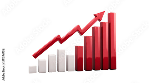 Red arrow goes up over ascending white and red columns on transparent background.
