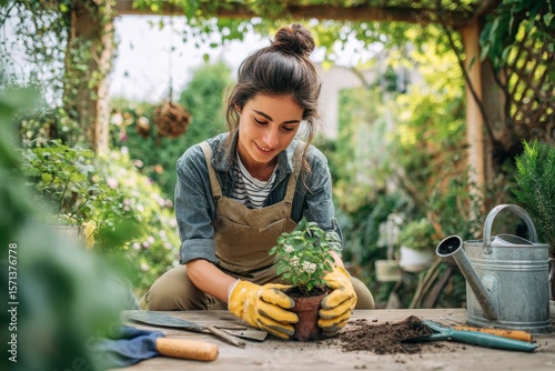 Woman dedicating her day to planting in the garden, using essential tools and wearing gloves, seated comfortably while promoting nature care and environmental health