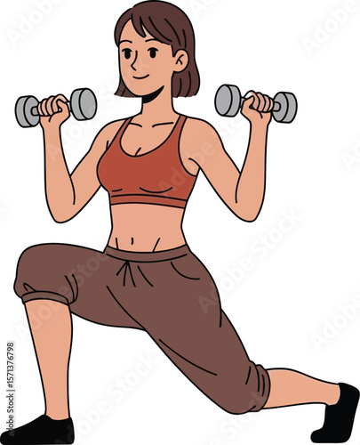 Woman doing lunges exercise with dumbbells for fitness and strength training