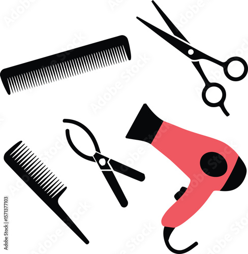 Hairdressing Essentials in Monochrome and Red: A Stylized Vector Illustration Featuring Five Core Tools of Personal Grooming—Two Combs, Scissors, Hairdryer, and Pliers