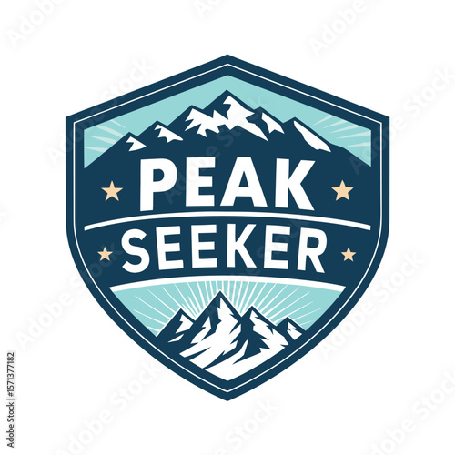 A badge design featuring a stylized peak seeker silhouetted against a snow-capped mountain.