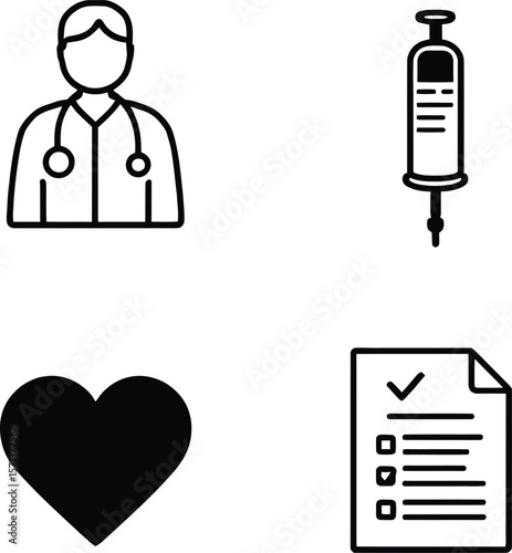 Four Core Medical Symbols in Monochrome: A Stylized Vector Illustration Featuring a Doctor with Stethoscope, Syringe, Solid Heart, and Checklist, Unified in a Visual Language of Healthcare, Diagnosis,