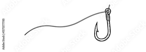 Detailed black and white fishing hook with line illustration.