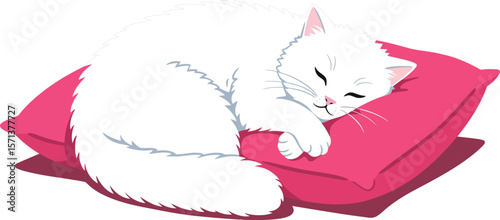 White cat peacefully sleeping on bright pink pillow in cozy resting position calm and serene pet illustration