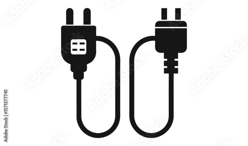 Two black electrical plugs connected by a flexible cord on a white background