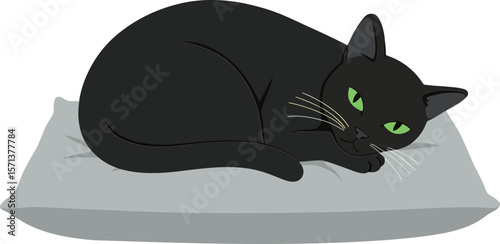 Black cat with green eyes resting peacefully on gray cushion indoor pet relaxation calm mood