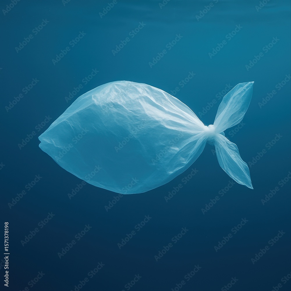 Fototapeta premium single blue plastic bag floating in ocean.