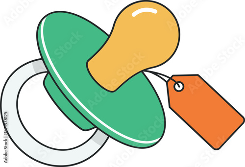 Baby pacifier with green shield and orange nipple isolated on white background with price tag attached