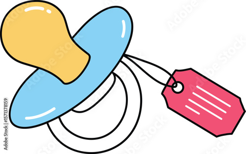 Baby pacifier with blue and yellow nipple and pink tag illustration in simple style for child care and newborn accessories